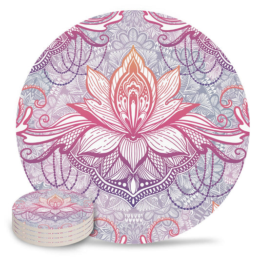 Ethnic Bohemian Lotus Flower Mandala Ceramic Coasters Set