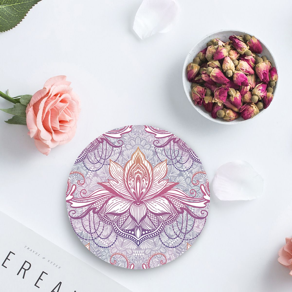 Ethnische böhmische Lotusblume Mandala Keramik-Untersetzer eingestellt