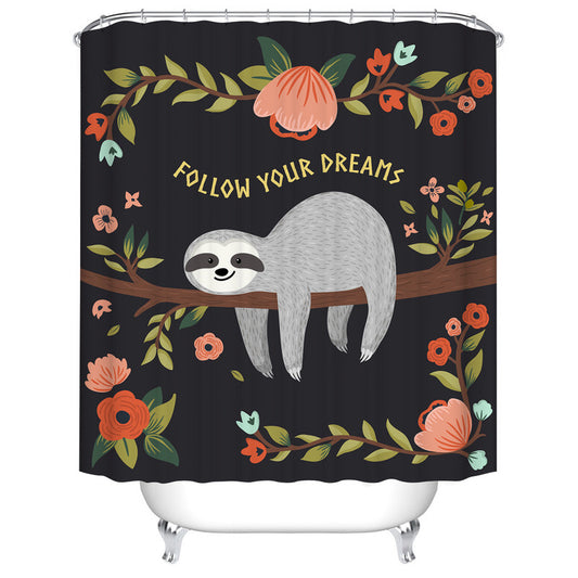 Happy Sloth Hanging on Tree Branches with Rose Flowers Shower Curtain