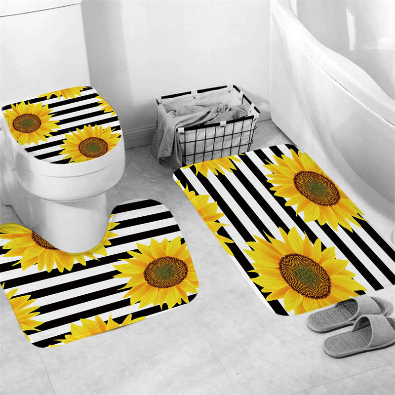 Black White Stripe Yellow Sunflower Shower Curtain Set - 4 Pcs