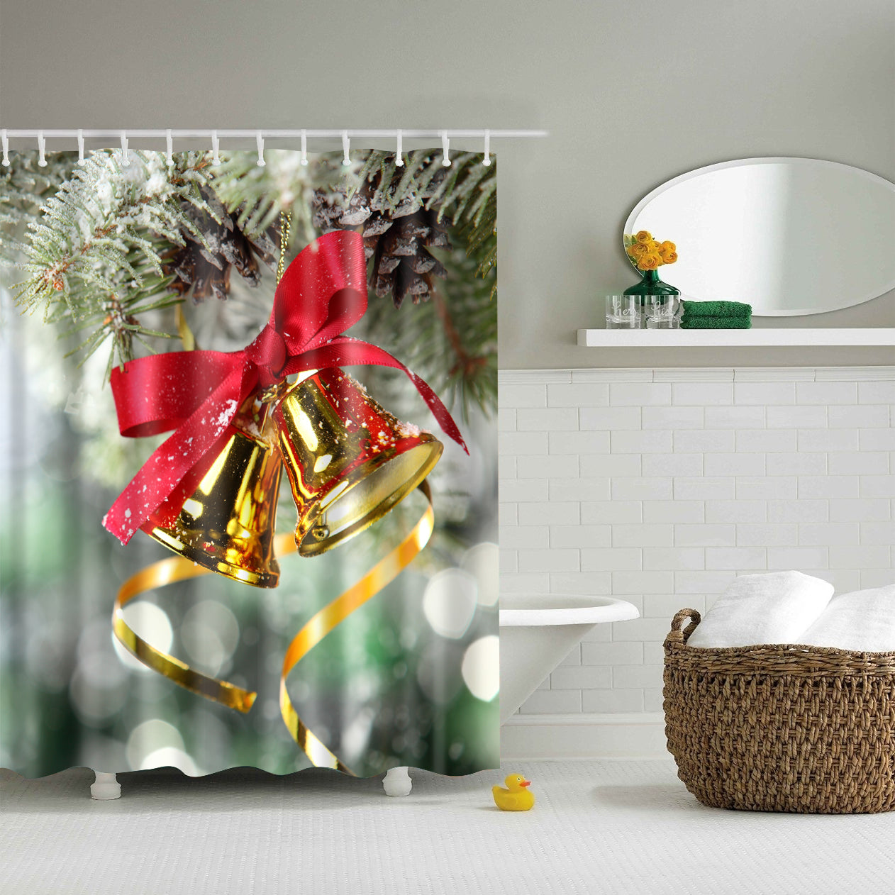 Fancy Look Hanging Christmas Jingle Bell Shower Curtain