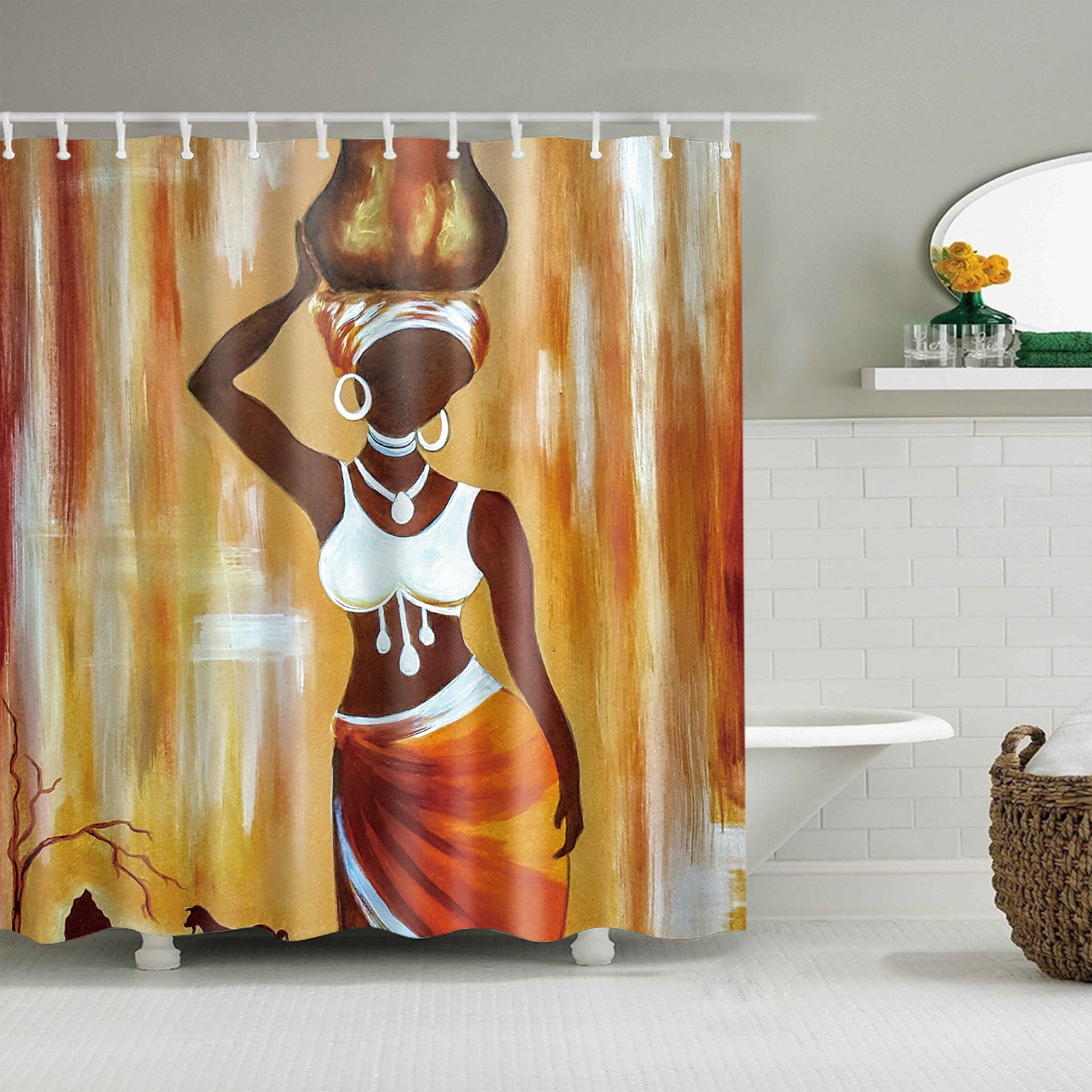 African Egyptian Shower Curtain Fascinating Mural Art Women Carrying Clay Pot Bathroom Decor Accessories Gojeek