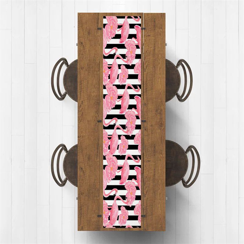 Black White Striped Flamingo Table Runner