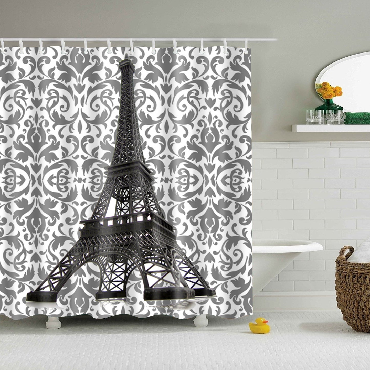 Floral Pattern Backdrop Eiffel Tower Figurine Shower Curtain