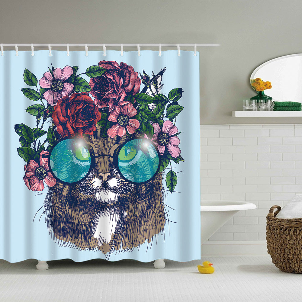 Floral Wreath with Sunglasses Cat Shower Curtain