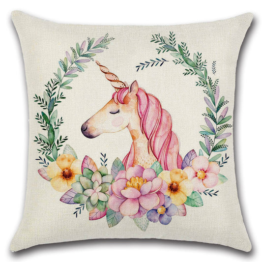 Flowers with Pink Unicorn Throw Pillow Cover