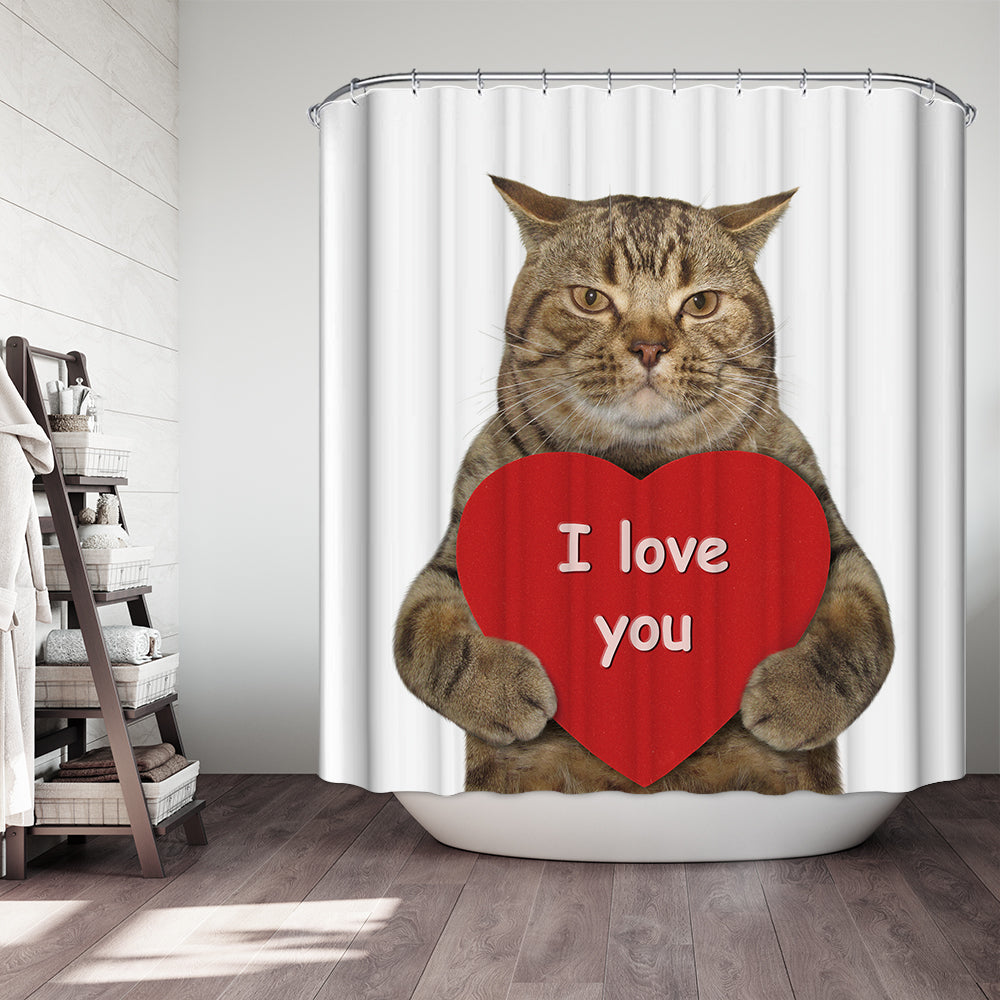 Funny Kitten Holding Big Red Heart with Love you Quote Valentine Cat Shower Curtain