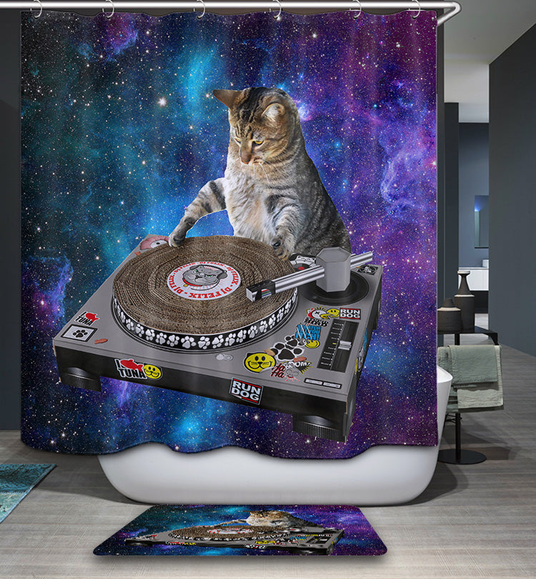 Funny DJ Space Cat Shower Curtain