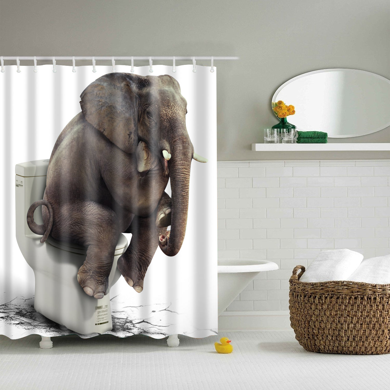 Funny Elephant Sitting On Toilet Shower Curtain | GoJeek