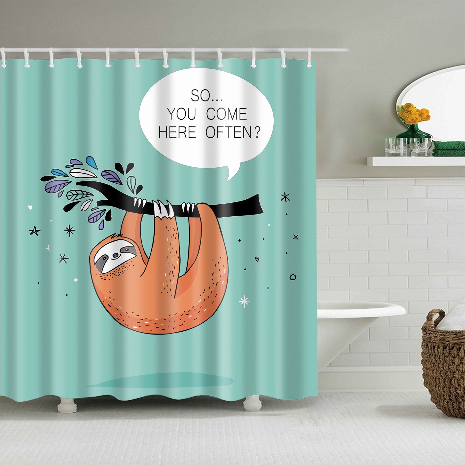 Funny Hand Drawn Orange Sloth Hanging Tree Shower Curtain