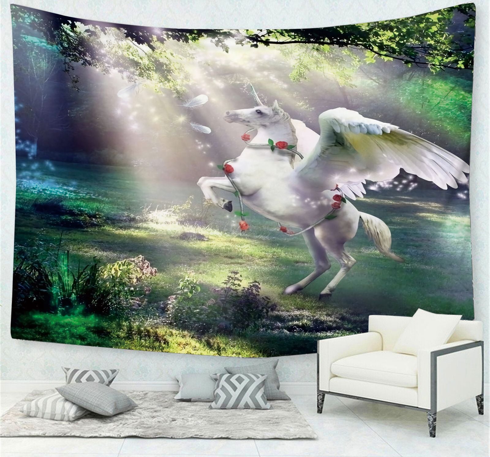 Fantasy Forest Sunshine Unicorns Wall Tapestry