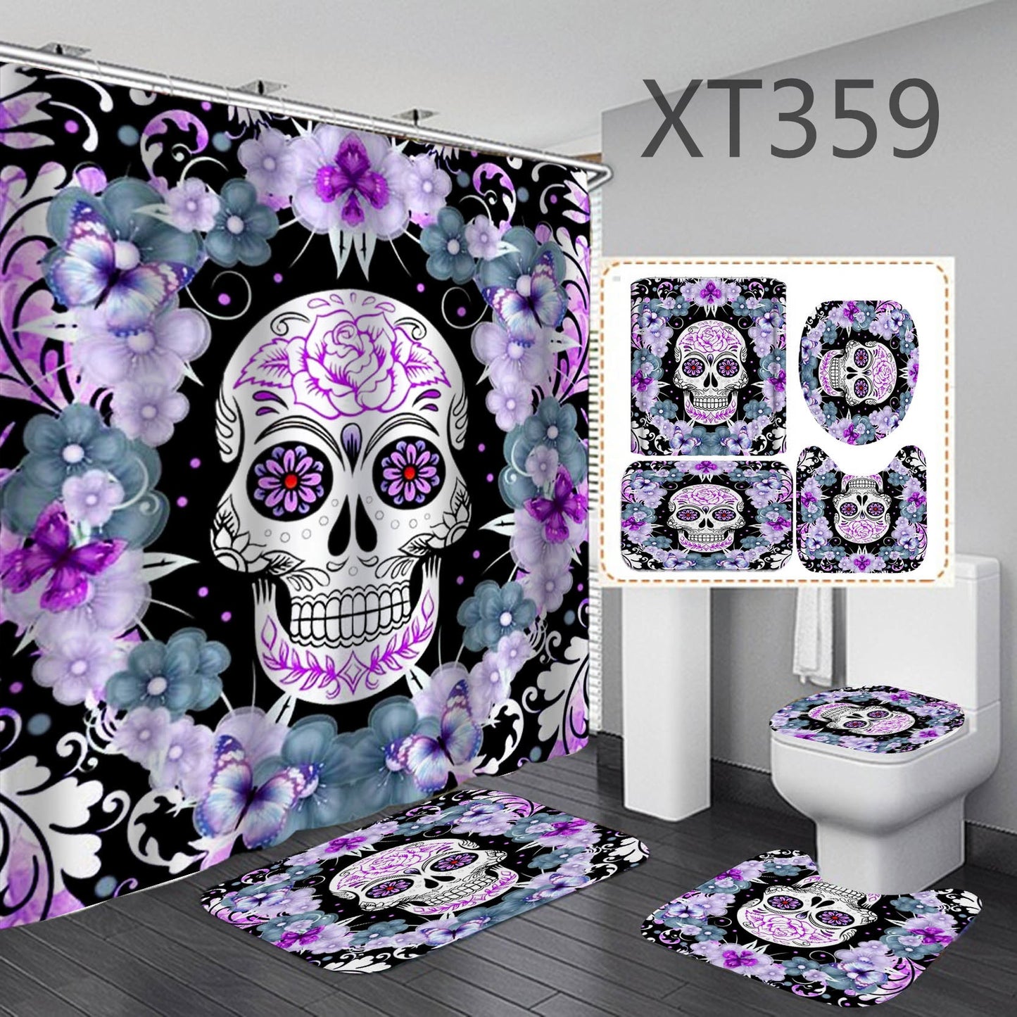 Purple Sugar Skull with Butterfly Shower Curtain Set - 4 Pcs