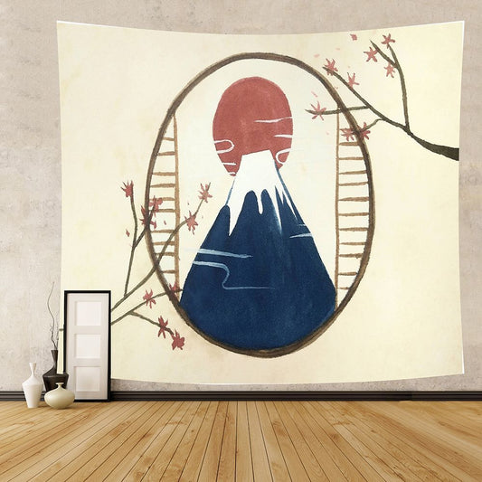 Geometric Mountain with Sun Japanese Plum Blossom Tapestry