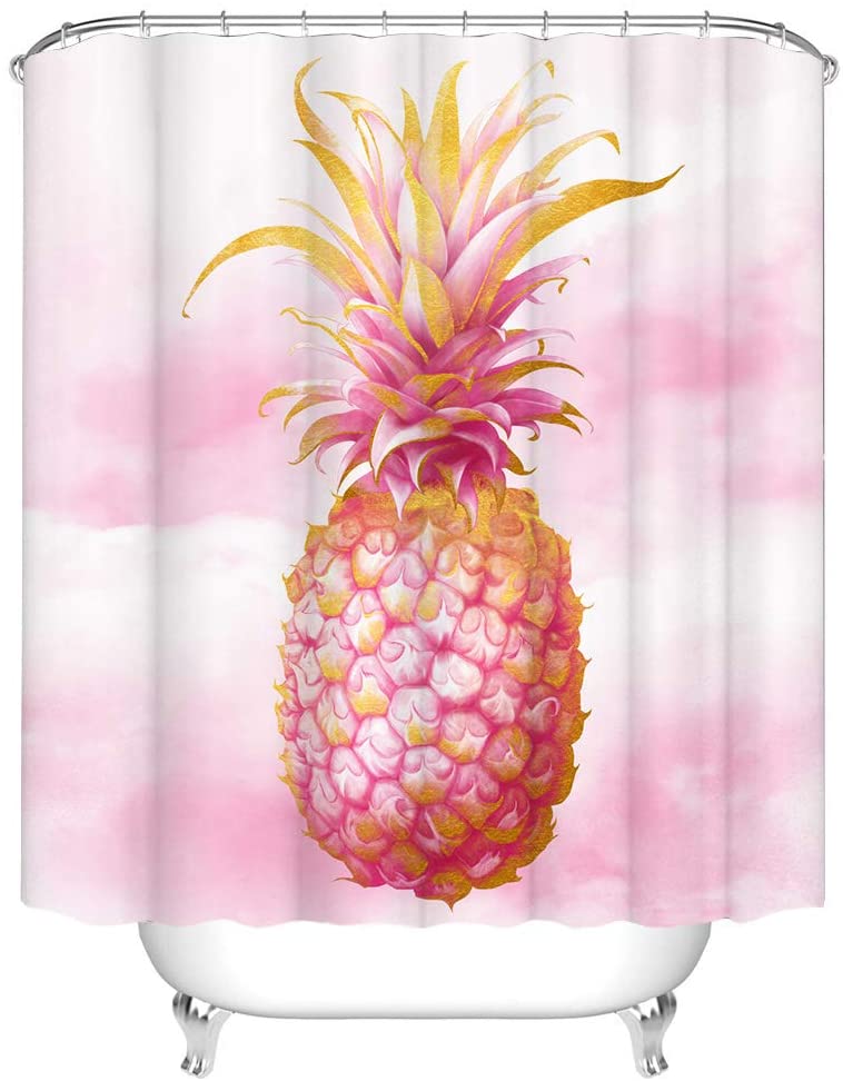 Gold Pink Pineapple Shower Curtain Trippy Sparkly Art Girly Tropical Fruit Bathroom Decor
