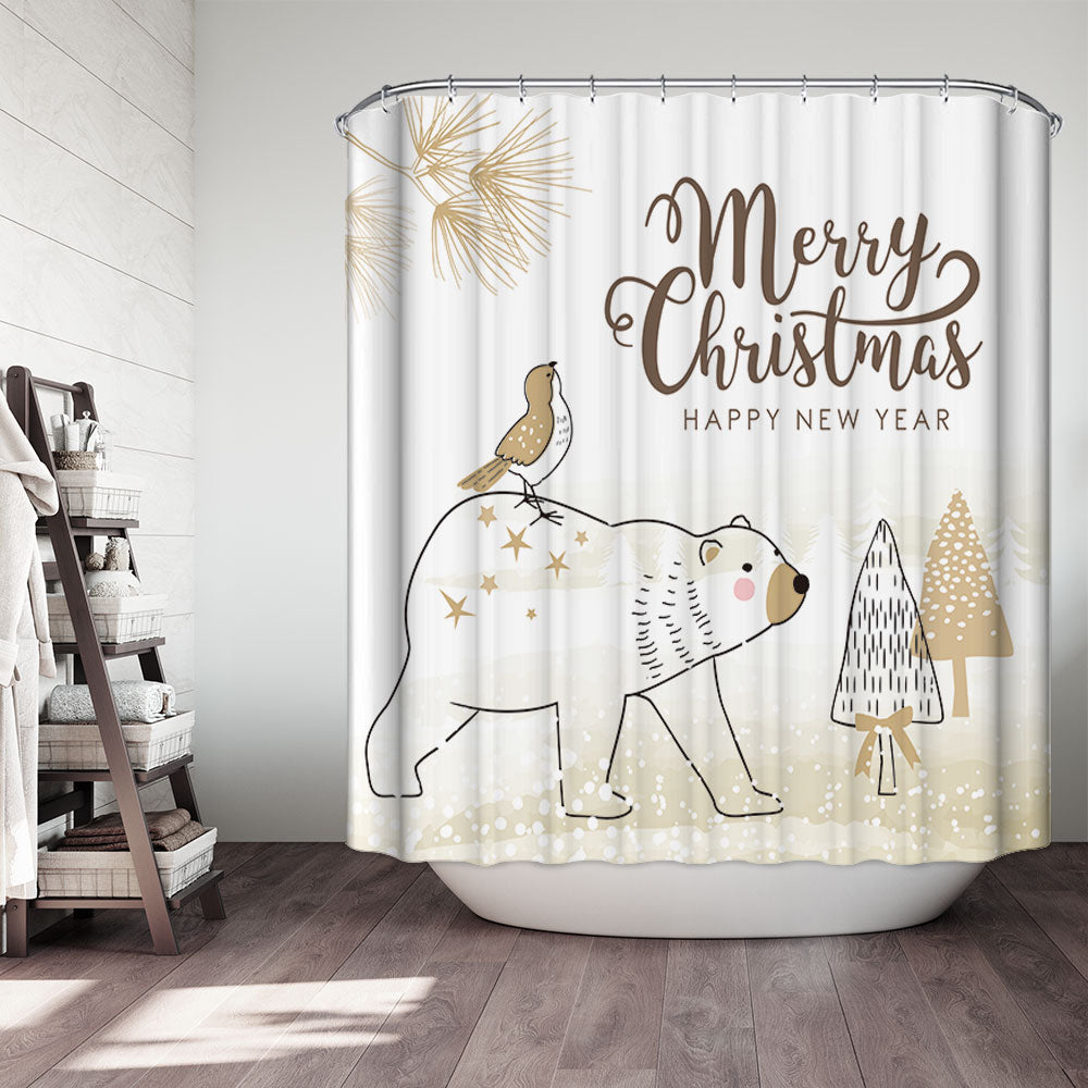 Gold White Merry Christmas Polar Bear Shower Curtain