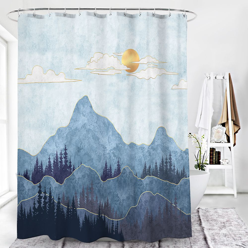 Golden Sun Blue Plaster Print Mountain with Tree Shower Curtain