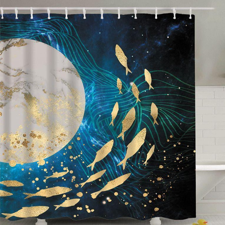 Golden Fish Moon Shower Curtain Contemporary Art