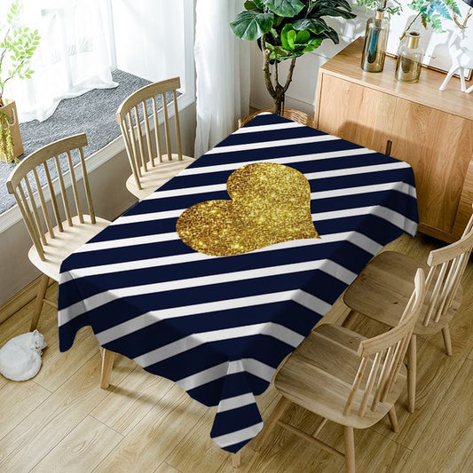 Golden Heart Shaped Tablecloth Black White Slanted Stripe Fabtic Rectangle Table Cover