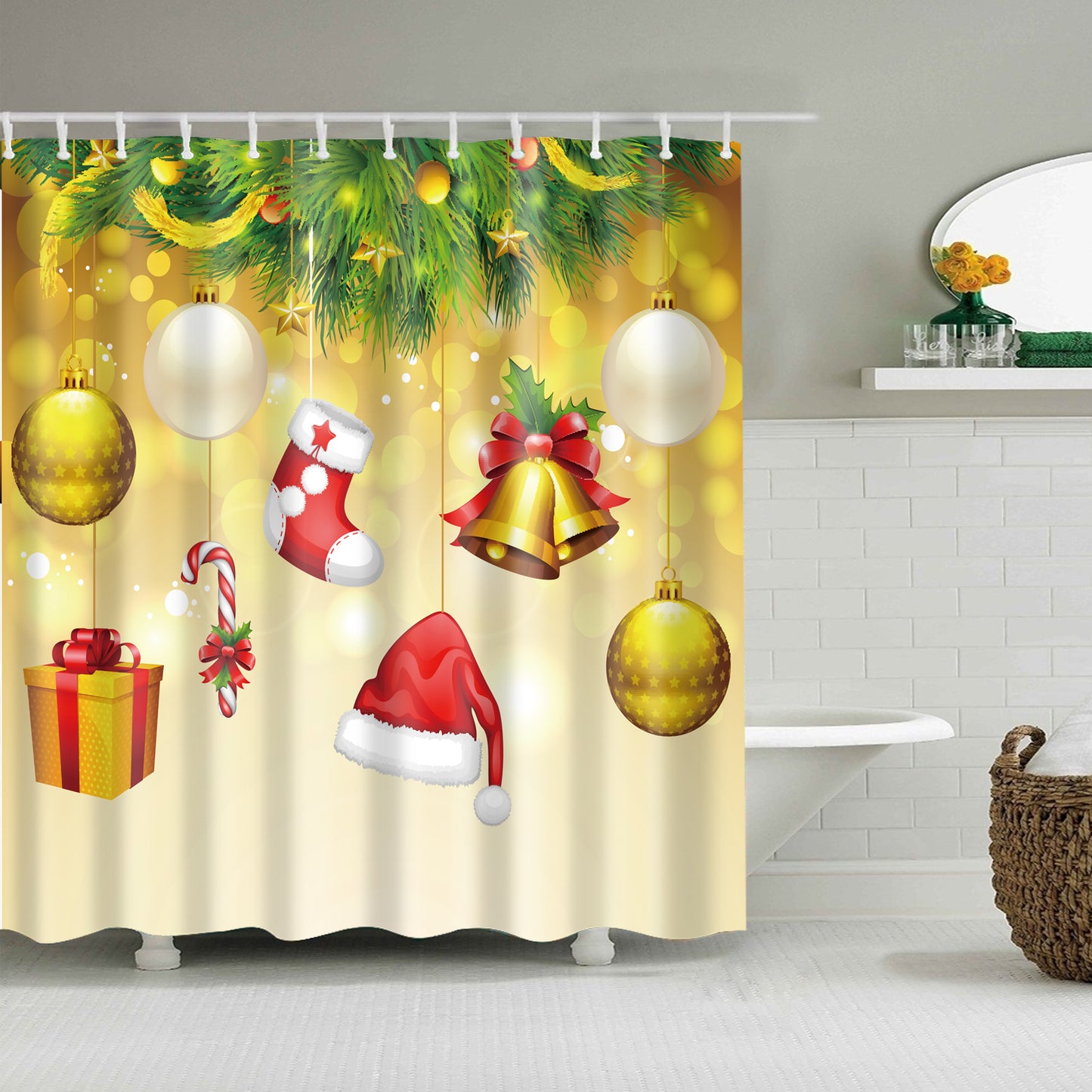 Golden Backdrop Hanging Christmas Ornament Shower Curtain
