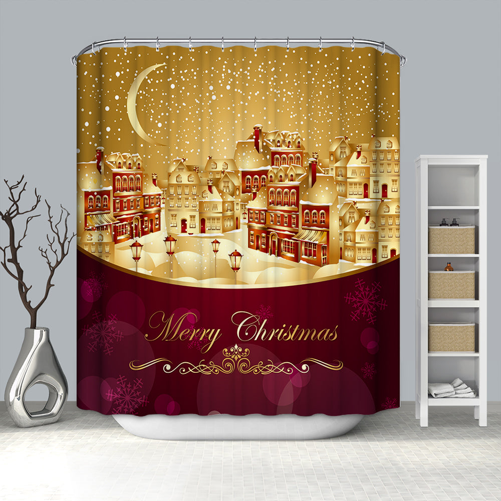 Golden Christmas Town Shower Curtain