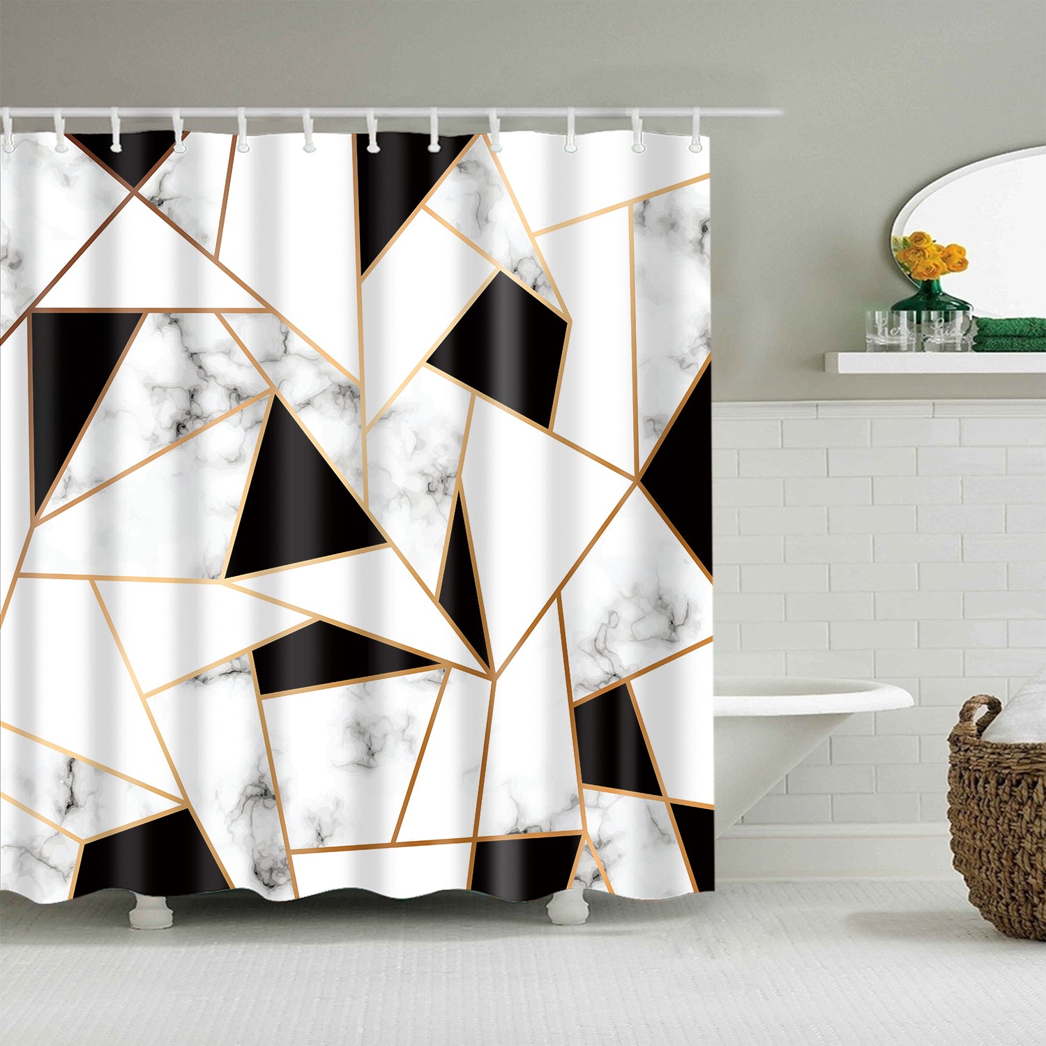 Golden Line Triangles Marble Tiles Shower Curtain