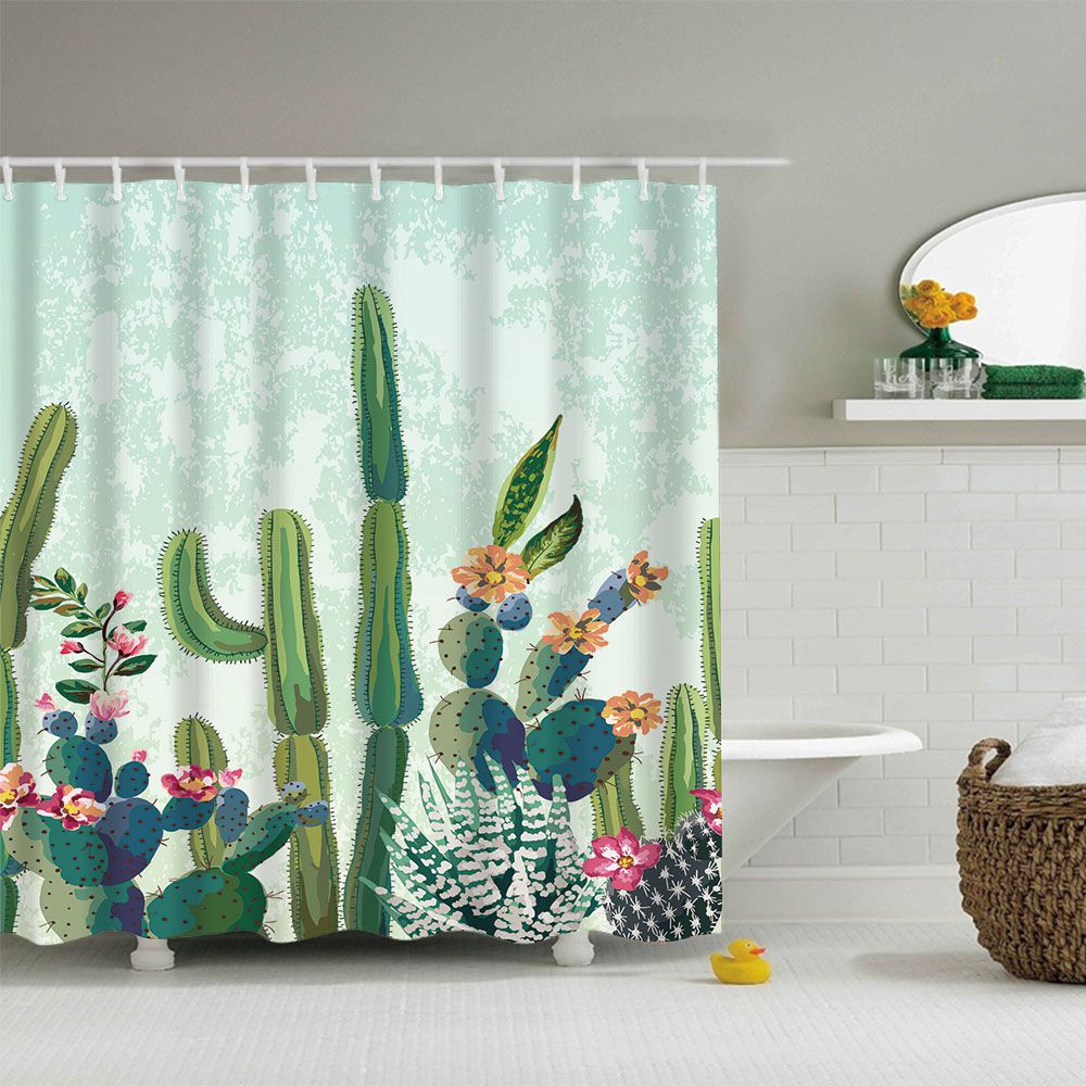 Green Botanical Print Shower Curtain Watercolor Cactus House Plant