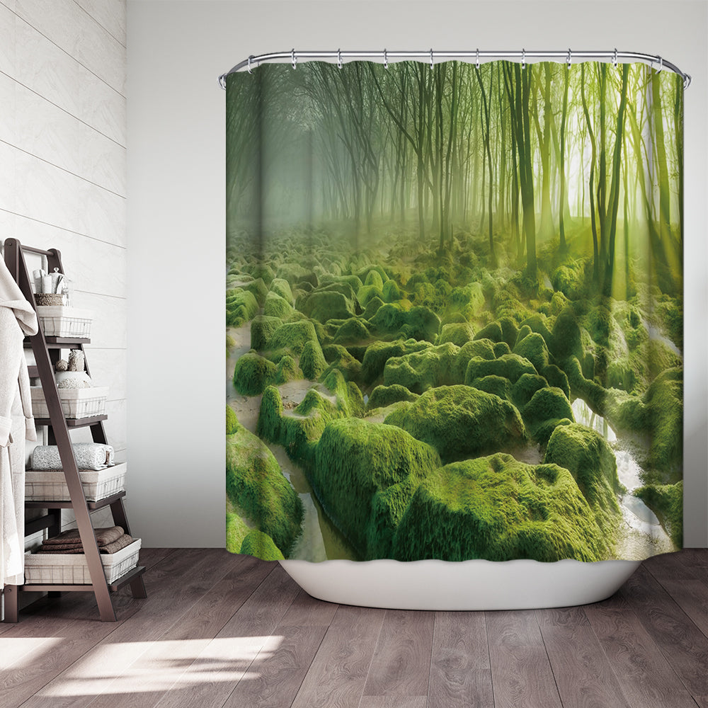 Green Fern Forest Trees with Rock Steine Moss Garden Moss Shower Curtain