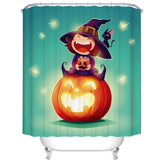 Green Sparky Bat Backdrop Cartoon Happy Witch and Black Cat with Full Pumpkin Candy Kids Halloween Shower Curtain