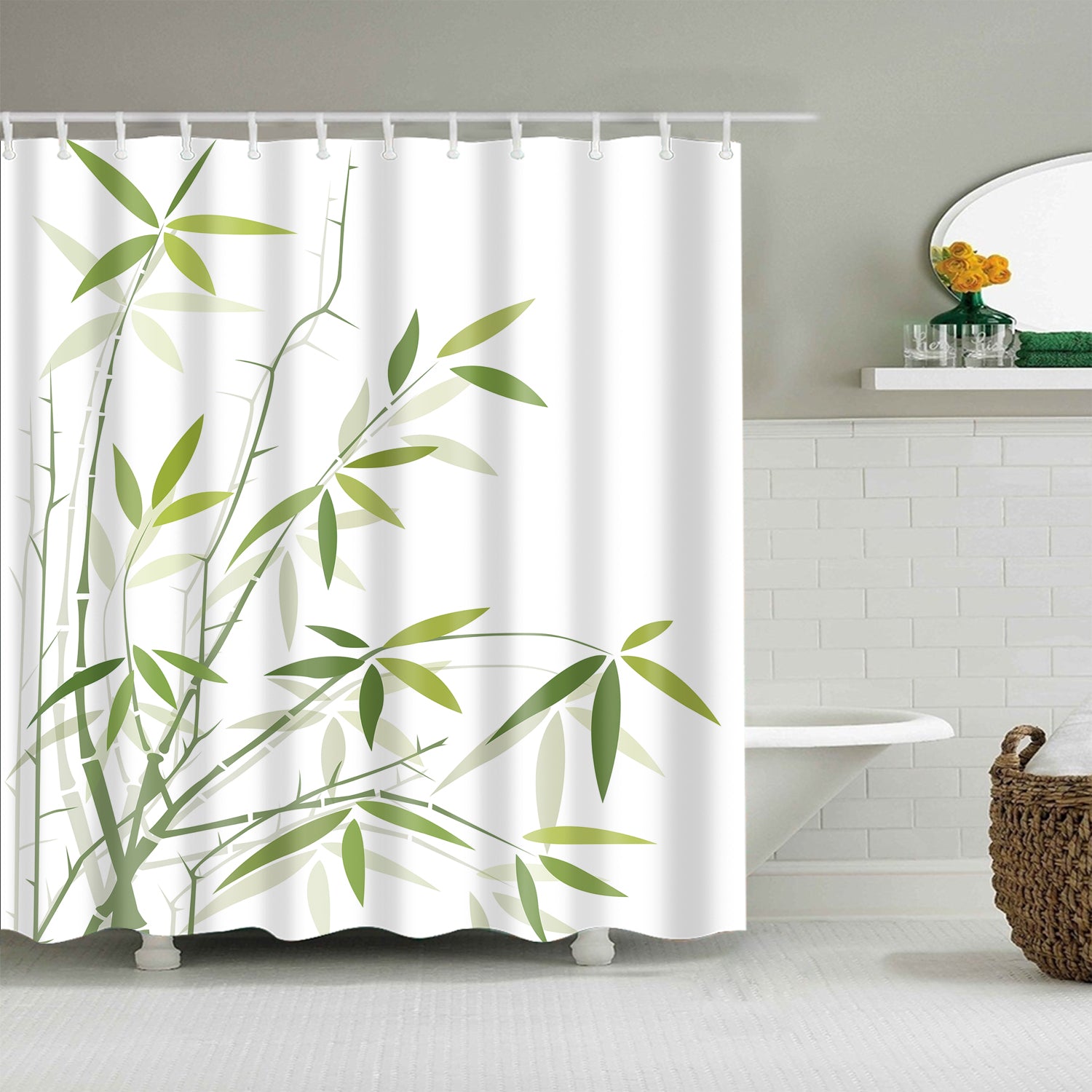 Green White Oriental Bamboo Branches Shower Curtain