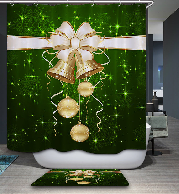 Green Backdrop Gold Jingle Bell Christmas Ornament Shower Curtain