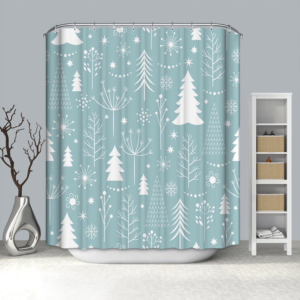 Green Backdrop White Christmas Tree Shower Curtain