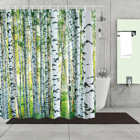 Green Forest Silver Birch Tree Shower Curtain