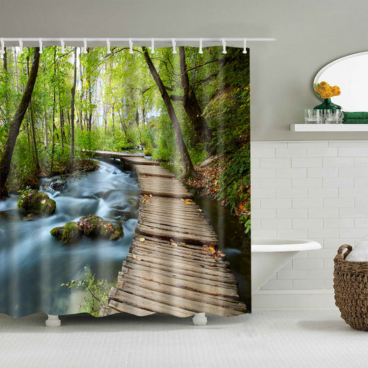 Green Forest Wooden Path Across River Shower Curtain