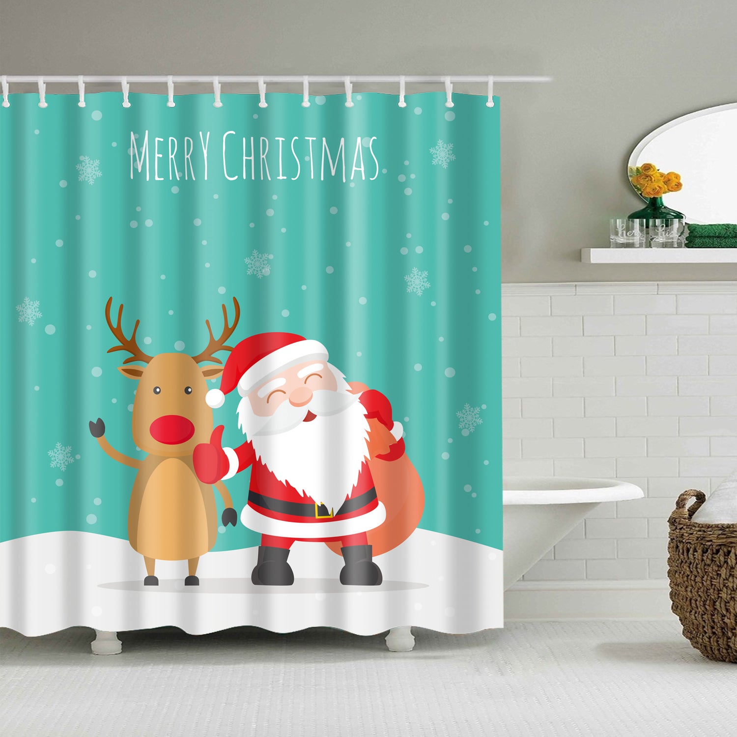 Green Snow Backdrop Santa with Reindeer Say Hello Shower Curtain
