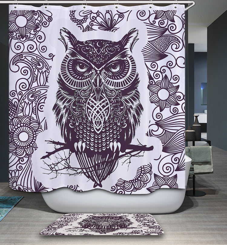 Grey Color Tribal Tranquil Warrior Ancient Celtic Owl Shower Curtain