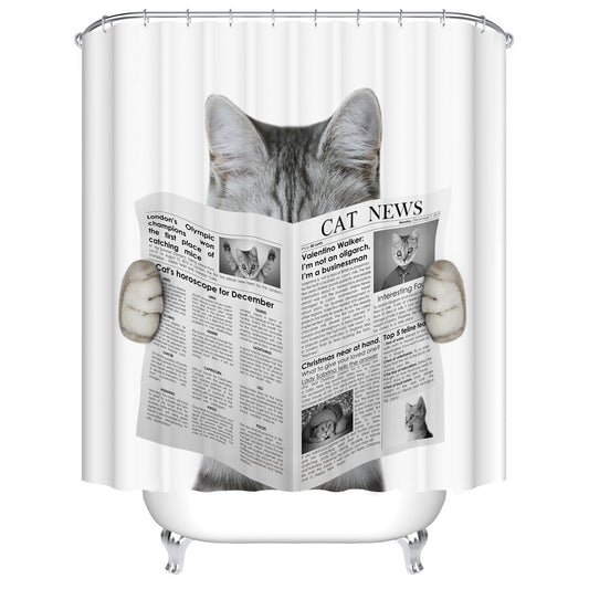 Grey White Cute Cat Reading Cat Owned Newspaper Shower Curtain