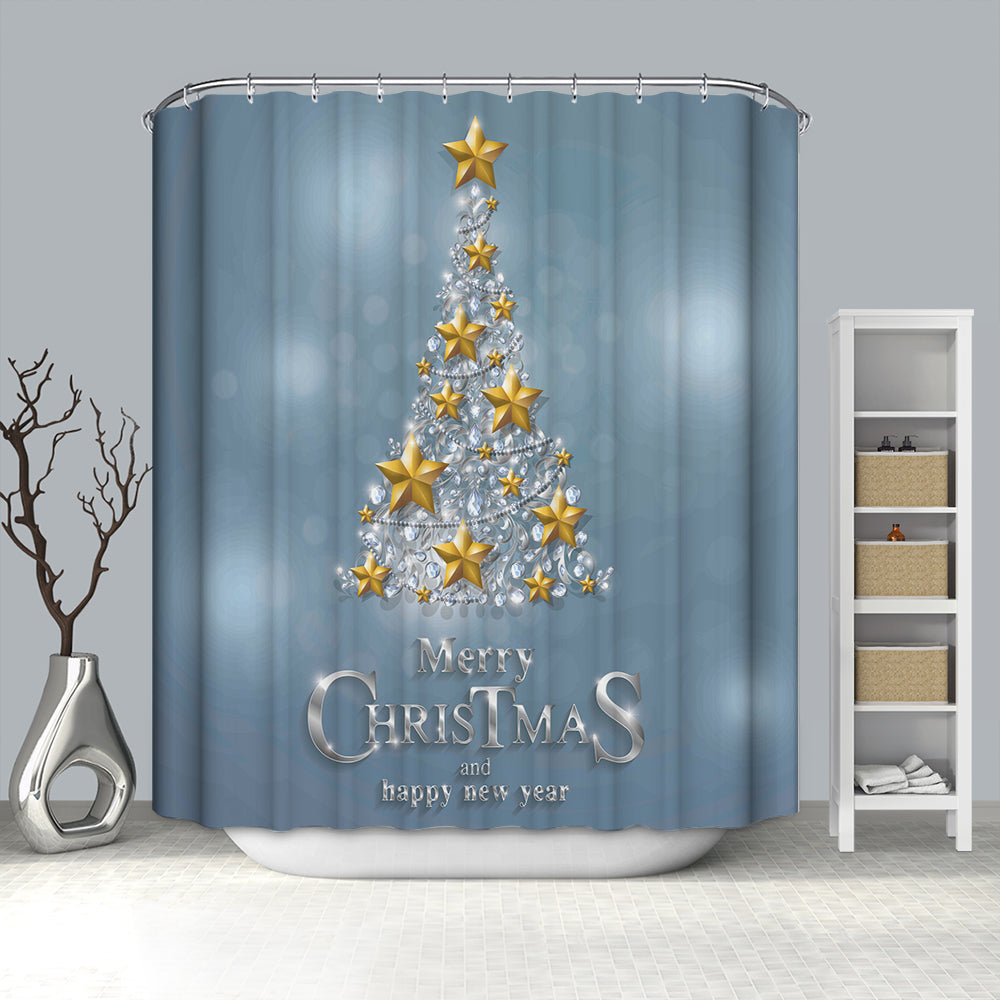 Grey Backdrop Golden Star Christmas Tree Shower Curtain
