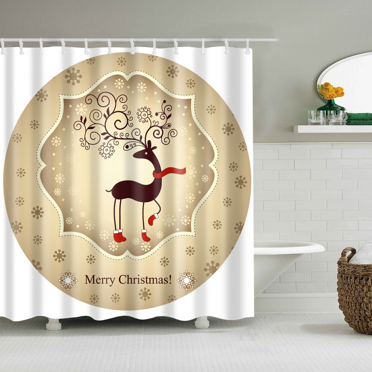 Grey Reindeer Wearing Scarf Circle Pattern Shower Curtain