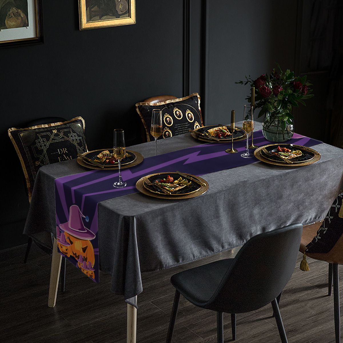 Halloween Pumpkin with Witch Hat Table Runner