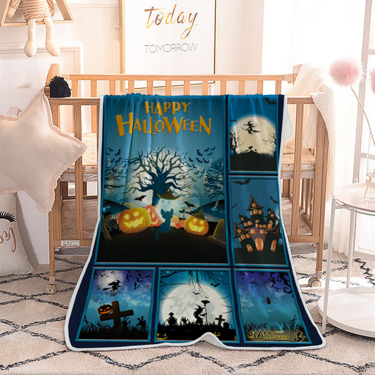 Halloween Blue Night Pumpkin with Tree Quilted Throw Blankets