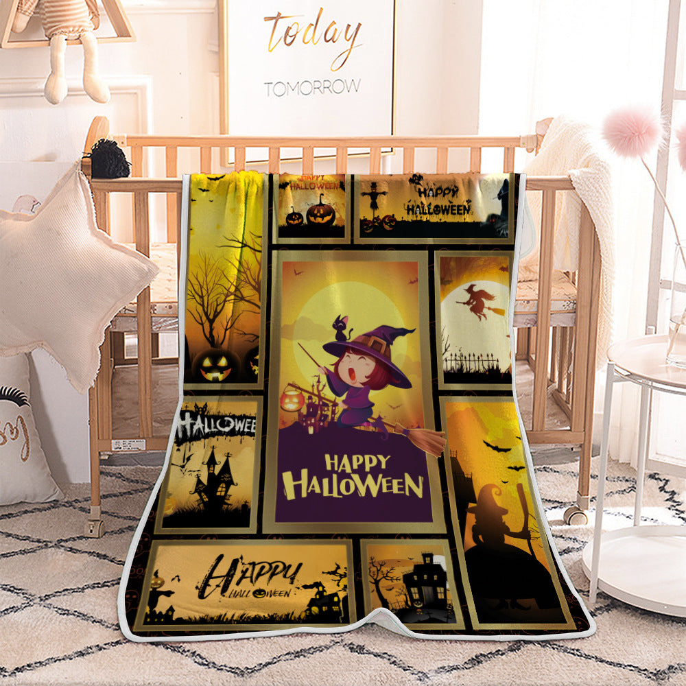 Halloween Cute Witch with Broom Quilted Throw Blankets
