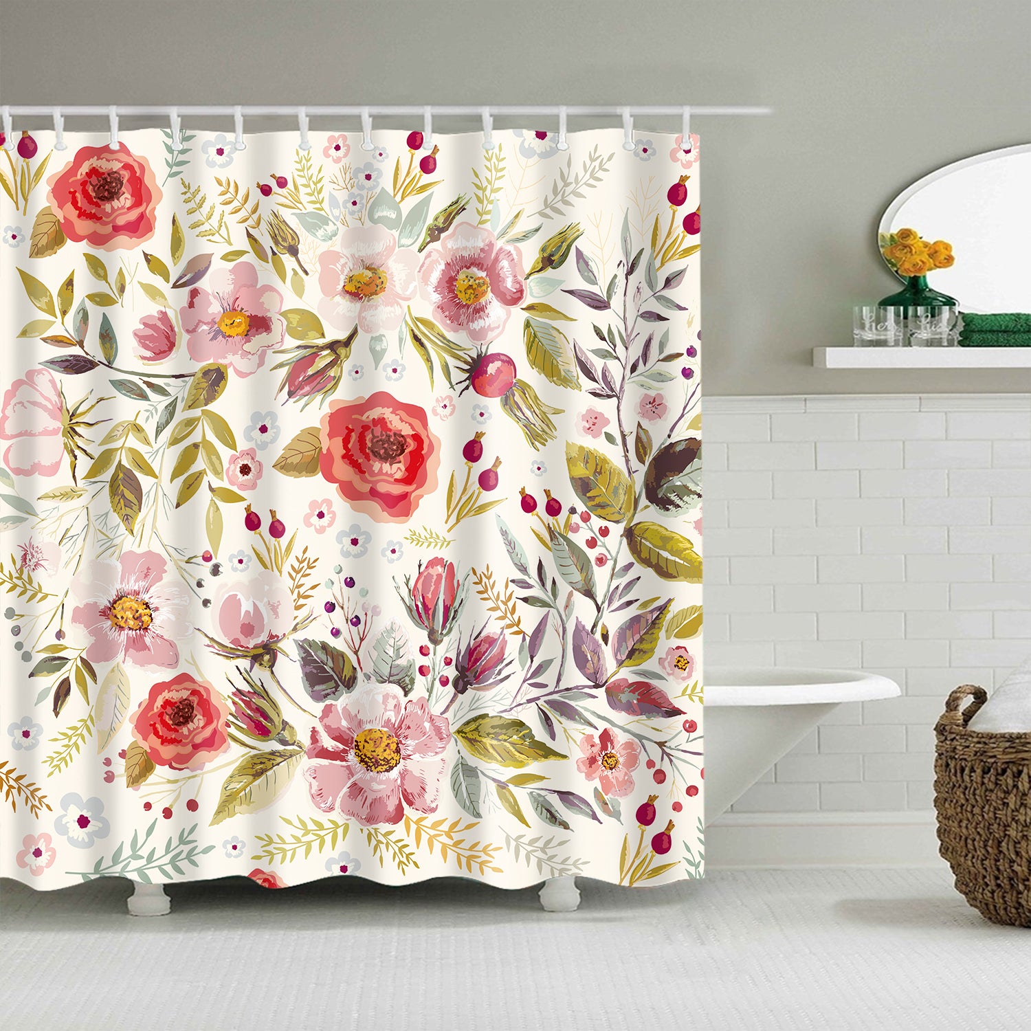 Hand Drawn Floral Romantic Flowers Leaves Shower Curtain