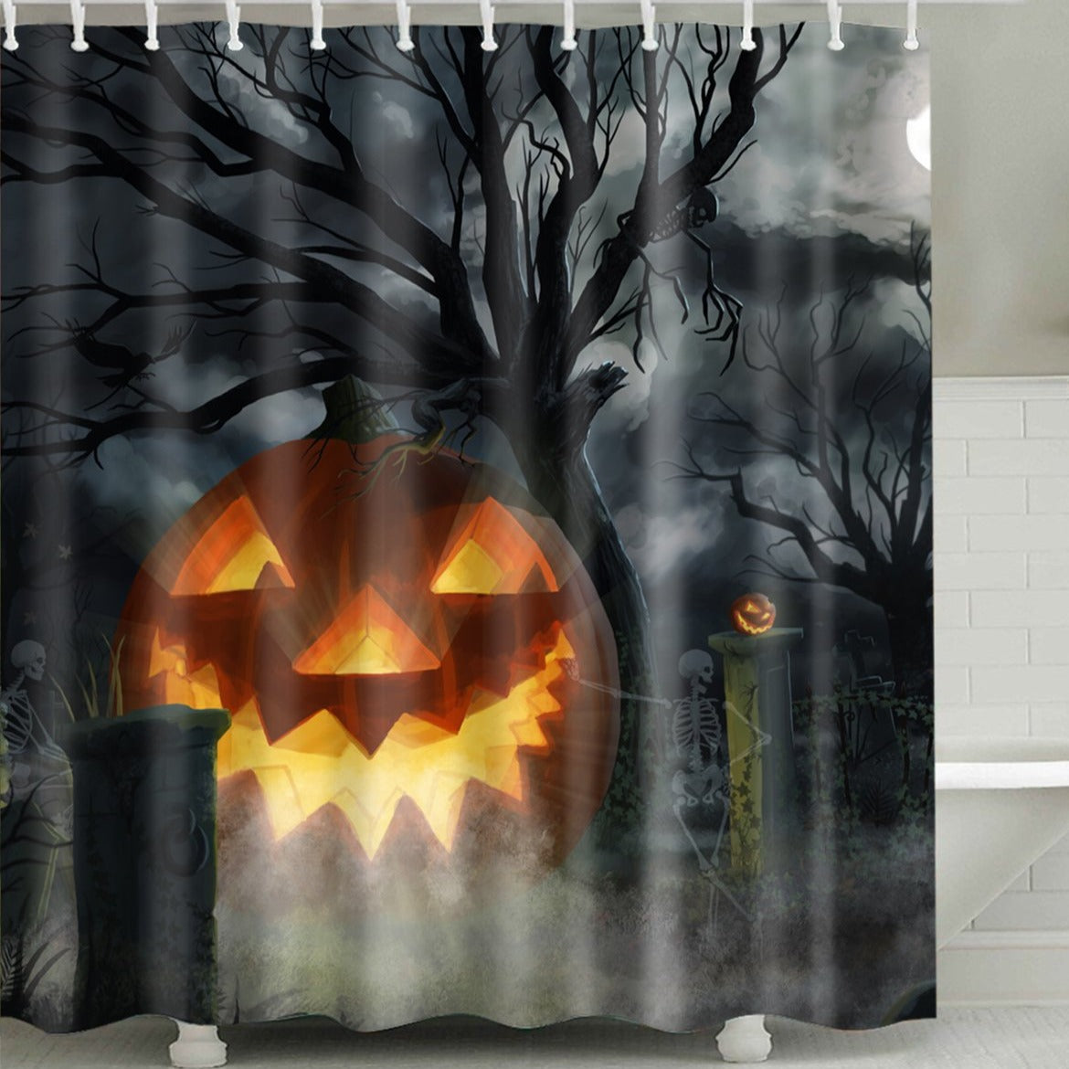 Hanging Evil Pumpkin with Horror Skull Shower Curtain