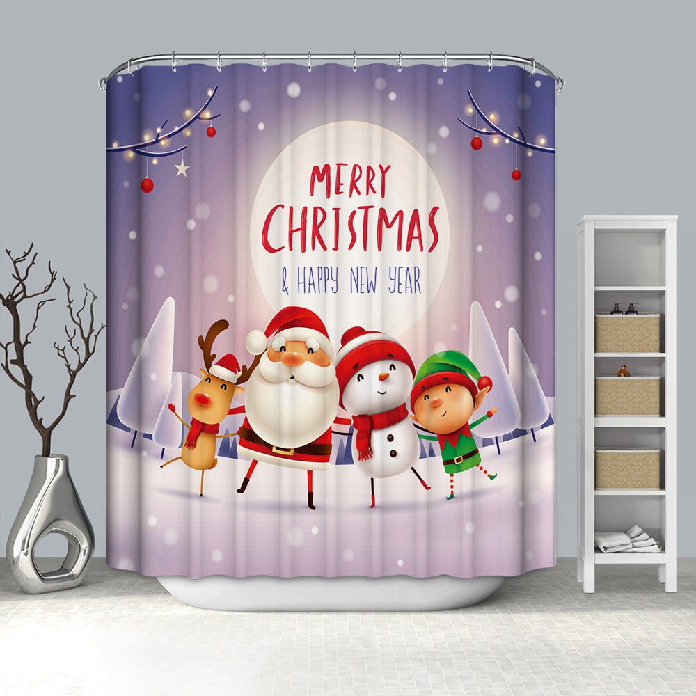 Happy Holiday Elf Snowman Reindeer Santa Shower Curtain