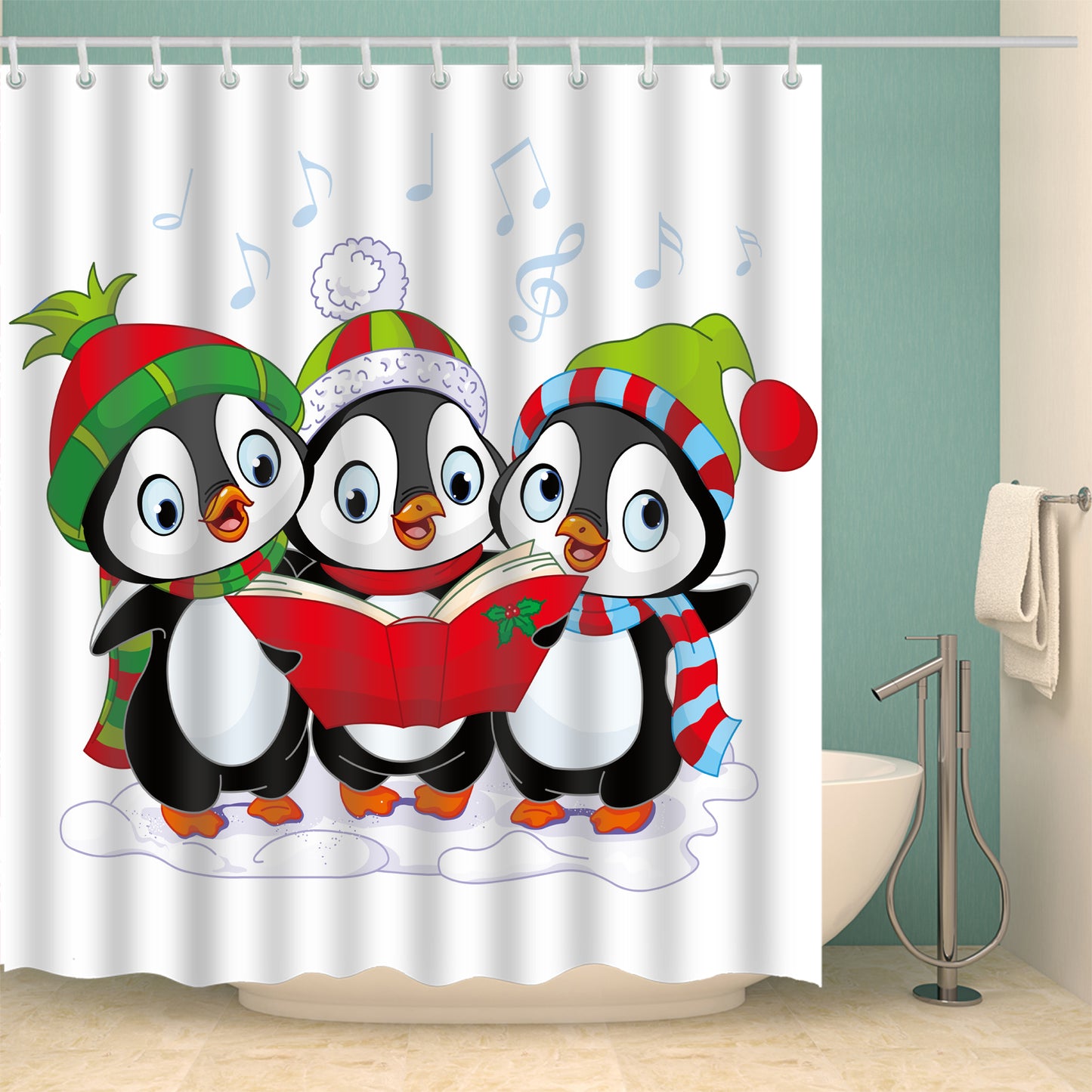 Happy Holidays with Christmas Penguins Shower Curtain