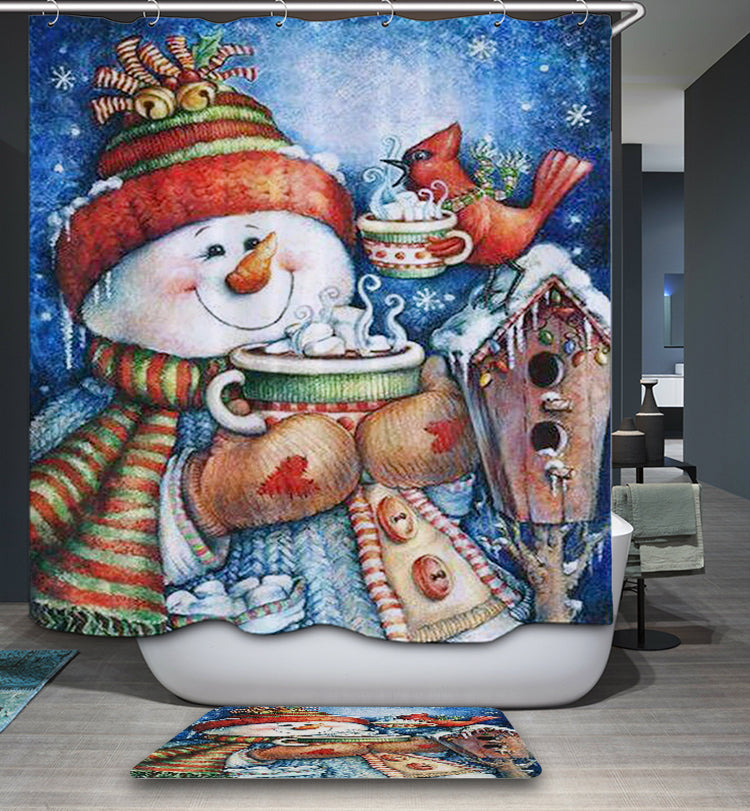 Happy Morning Snowman with Bird Holding Muffin Shower Curtain