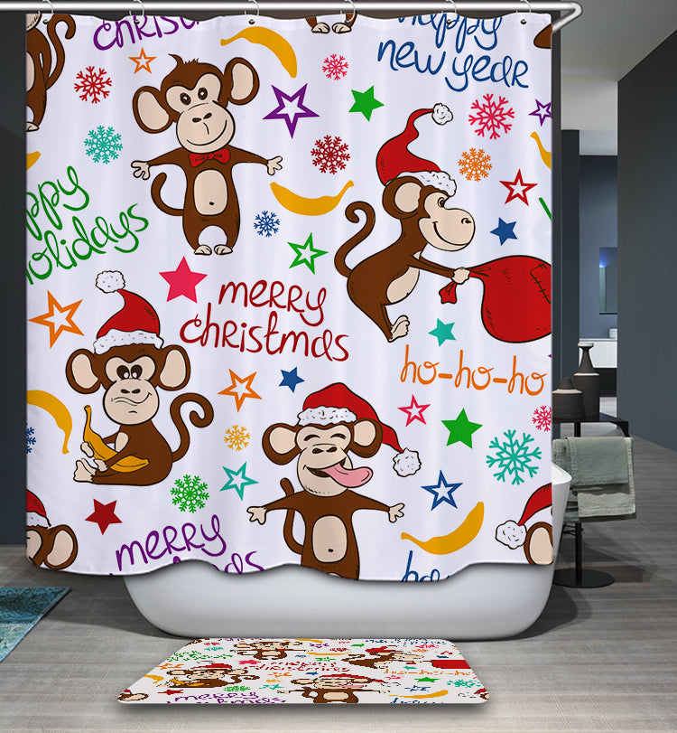 Happy New Merry Christmas Holiday Monkey Shower Curtain