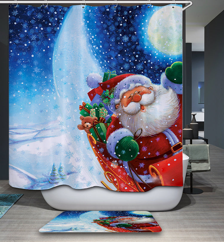 Happy Santa Riding Sleigh Moon Night Shower Curtain
