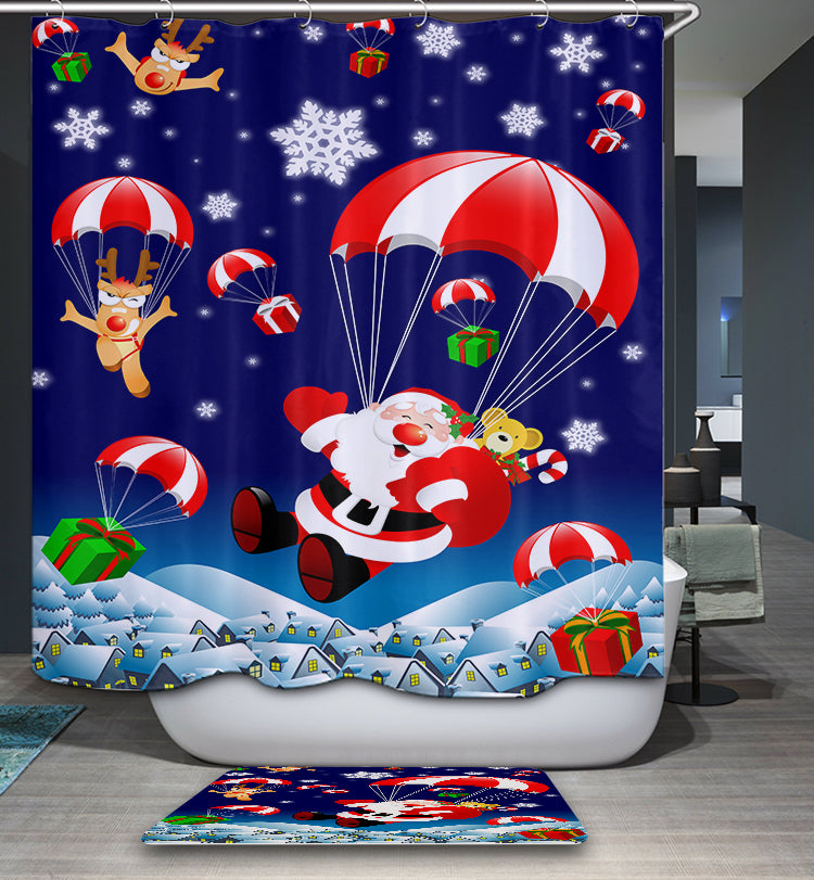 Happy Santa with Reindeer Wearing Parachute Shower Curtain