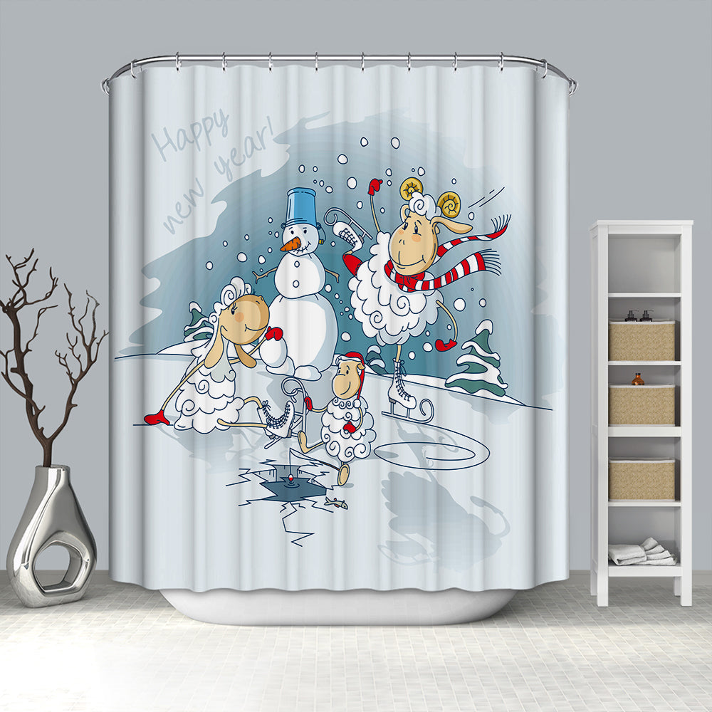 Happy Sheep Playing with Snowman Shower Curtain